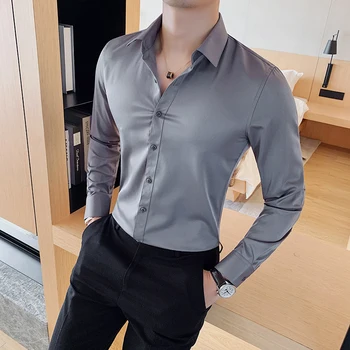 Осенняя модная рубашка 2023 года, высококачественная однотонная мужская рубашка с длинным рукавом, приталенная мужская повседневная деловая рубашка для социальной работы, рубашка