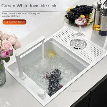 Белые невидимые кухонные раковины с мойкой для чаш из нержавеющей стали 304, Маленькая однощелевая перекладина, Скрытый кухонный гарнитур для мытья посуды