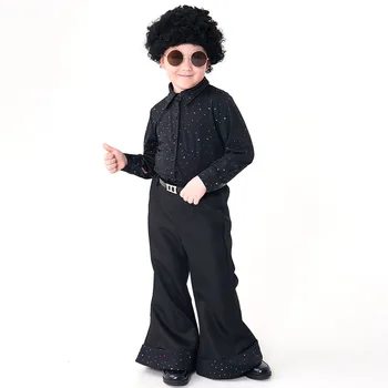 Диско костюм для мальчика 60-х годов Винтажная рок-рубашка хиппи Брюки Парики Очки Наряд Хэллоуин Пурим Ретро Косплей Маскарадный костюм