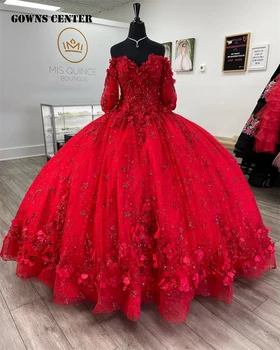 Красные 3D Цветы Пышное Бальное Платье С рукавом Три Четверти Пышное Платье Корсет Свадебные Платья Sweet 16 aqua quinceñeara платья