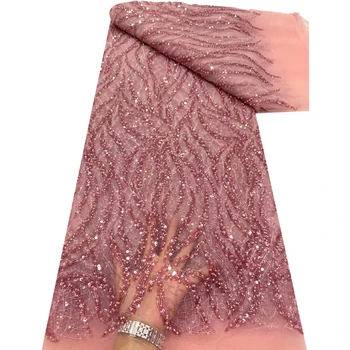 Новейшая кружевная ткань из персикового африканского Французского тюля высокого качества с вышивкой 5 ярдов, кружевная ткань в нигерийском стиле с пайетками для свадьбы T601
