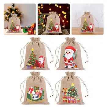 Рождественская льняная подарочная упаковка, новогодний мешочек с принтом лося Санта-Клауса, мешочек для печенья и конфет на шнурке для Рождественской вечеринки, сумка для хранения V7O4