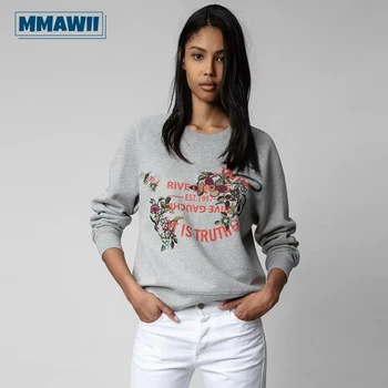 MMAWII Повседневные женские свитшоты с цветочной вышивкой и буквами 2023 Осенний Хлопковый женский свитер, Уличная одежда, Пуловеры, топы