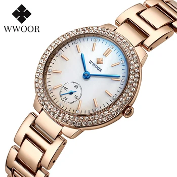 WWOOR Female Diamond Женские часы-браслет Люксовый бренд из нержавеющей стали Водонепроницаемые кварцевые часы Женские наручные часы Reloj Mujer