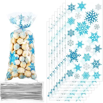 10-50 шт. Рождественские целлофановые пакеты, зимние пакеты для угощений в виде снежинок, пластиковые пакеты для конфет с закручивающимися завязками, сувениры для рождественской вечеринки