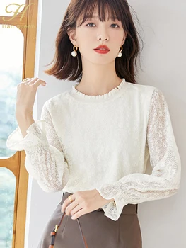 H Han Queen 2023 Осенние Корейские простые офисные блузки, винтажные топы, Элегантные женские блузки с расклешенными рукавами, Свободные повседневные кружевные рубашки