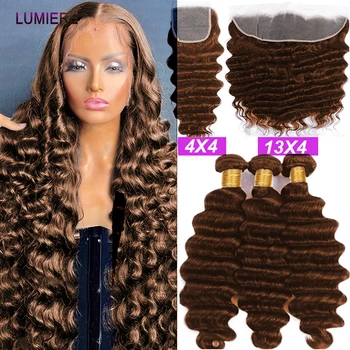 # 4 Шоколадно-коричневые свободные пучки человеческих волос глубокой волны с застежкой спереди 5x5 HD Remy Бразильские пучки волос с застежкой