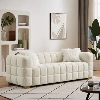 Современный бежевый Прямоугольный диван Teddy Velvet с широкими квадратными подлокотниками, 2 Подушки, прочный и устойчивый, удобный для гостиной, спальни