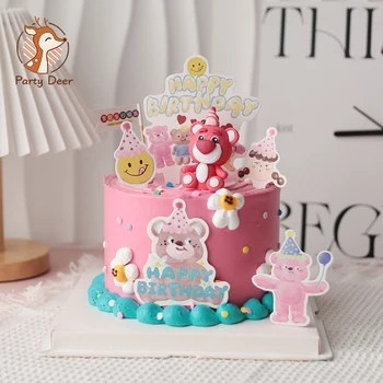 Топперы для торта с куклой-розовым медведем для мальчика и девочки, первый детский душ, украшения для торта на 1-й день рождения, шарики, вставка для торта, подарок своими руками