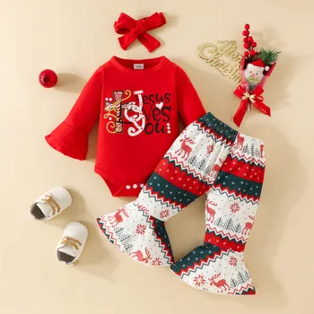 Рождественские комплекты брюк для новорожденных девочек, весенне-осенняя одежда, комбинезон с длинными рукавами и расклешенные штаны из лося с бантом, детская одежда