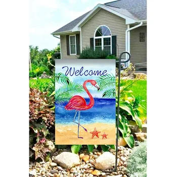 Флаг летнего сада на пляже с фламинго, двустороннее приветствие, тропические пальмы, флаг двора, баннер для двора дома