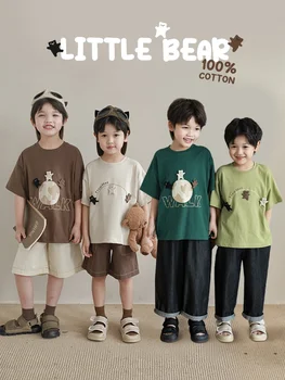 Свободная футболка с принтом для мальчиков, летний новый детский топ с коротким рукавом