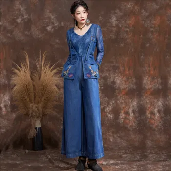 Johnature Оригинальные винтажные подтяжки с вышивкой, комбинезоны, Осенняя женская одежда 2023 года, Новый модный нишевый дизайн, повседневные свободные джинсы