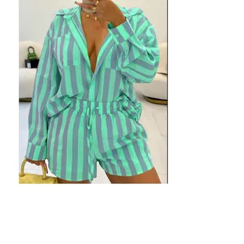 Весенне-осенний комплект женской рубашки в полоску с модным принтом и длинными рукавами, повседневные простые шорты с карманами, женский комплект из 2 предметов на шнуровке