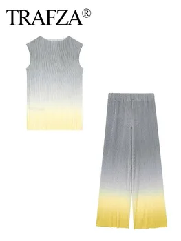 Женский модный костюм TRAFZA, плиссированные Широкие брюки с эластичной резинкой на талии + Топы без рукавов серого градиентного цвета, женский повседневный костюм