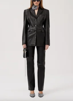 Фантастическая роскошь, женские офисные брюки FW23, элегантные Классические расклешенные кожаные брюки черного цвета, базовые повседневные брюки с высокой талией для Хай-стрит