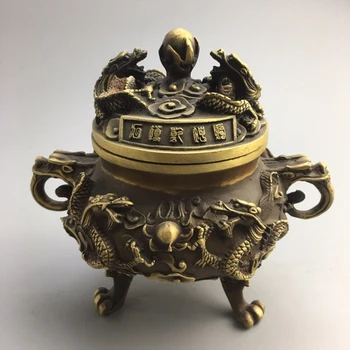 Антикварная бронзовая посуда династии Цин Цяньлун из чистой меди Двойные драконы, играющие с бусинками Тарелка Курильница для благовоний Горелка Подержанные товары