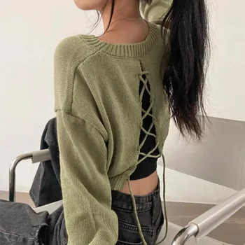 Женские осенне-зимние винтажные короткие свитера и джемперы с повязкой на спине, вязаные укороченные топы, пуловеры с длинными рукавами, Корея 2023