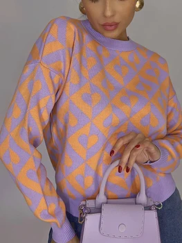 Женский вязаный свитер, осенний Элегантный джемпер оверсайз с длинным рукавом, женские зимние свитера с круглым вырезом и принтом в виде сердца, новинка 2023 года