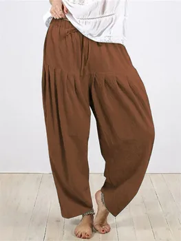 Женские хлопчатобумажные льняные брюки 2023, Летние Новые повседневные укороченные брюки с карманами на высокой талии, модные универсальные однотонные брюки на шнуровке, женские