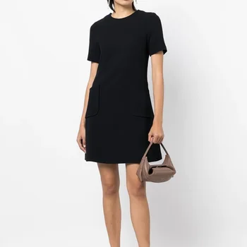 Женские черные рабочие платья OL с круглым вырезом и коротким рукавом, модные, однотонные, 70616
