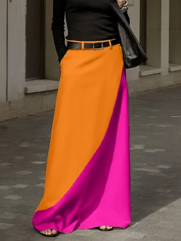 Свободная юбка контрастного цвета для женщин, весенне-осенние стильные повседневные юбки в пол с высокой талией, уличная одежда, низы