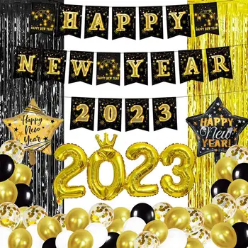Принадлежности для новогодней вечеринки 2023 Комплект Черно-золотых украшений для новогодней вечеринки 2023 Фон для принадлежностей для новогодней вечеринки 2023