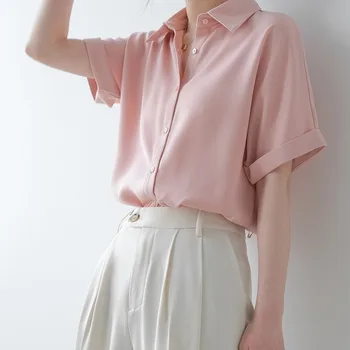Летняя шифоновая рубашка с коротким рукавом и пуговицами из тонкого атласа в японском стиле, свободная Розово-зеленая Милая рубашка-топ