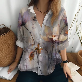 Весенне-осенняя высококачественная рубашка с отложным воротником, женская классическая рубашка на пуговицах, модная рубашка с длинными рукавами в стиле ретро с 3D-принтом