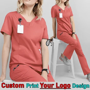Эластичный набор скрабов для медсестры с логотипом на заказ, Медицинская униформа, Качественная Рабочая одежда для стоматологической больницы, Скрабы для работы в салоне красоты и спа