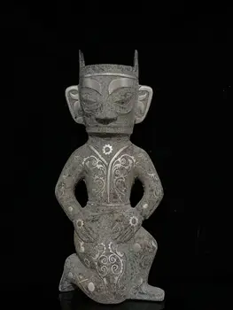 Редкая доисторическая культура Саньсиндуй в провинции Сычуань, бронзовая статуэтка с серебряной инкрустацией