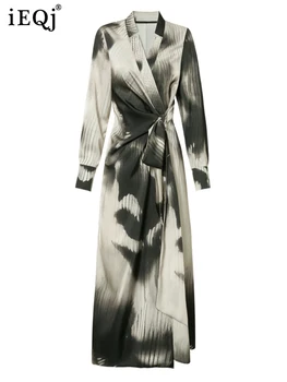 Женское платье с принтом чернилами в китайском стиле IEQJ, V-образный вырез, шнуровка на талии, Тонкие Модные длинные платья, Новинка 2023 года, одежда 3WQ6098