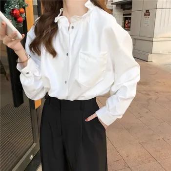 Однотонная Элегантная Простая женская блузка с длинным рукавом, Повседневные Свободные универсальные топы, рубашки 2023, Осенние Корейские шикарные нишевые блузки для женщин