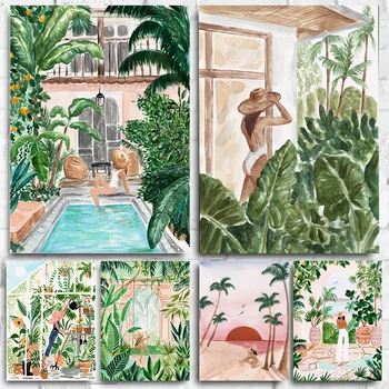 Акварель Тропический ботанический модный плакат с пляжем в джунглях, картина на холсте, бохо-шикарная настенная художественная картина для домашнего декора гостиной