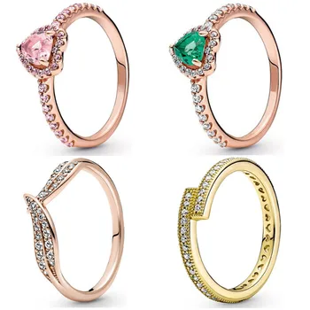 Аутентичное кольцо из стерлингового серебра 925 пробы, розовое золото, приподнятые листья в виде сердца, перекрывающиеся хрустальным кольцом для женщин, ювелирные изделия