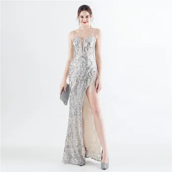 Женское Элегантное Макси-платье на тонких бретельках с блестками, без рукавов, с высоким разрезом сбоку, с кисточками, Сексуальное длинное платье для вечеринки