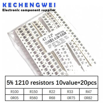 200ШТ 5% 1210 SMD резисторов в наборе ассорти, значение 10 * 20шт = 200шт 0R82 0R75 R68 R560 0R50 R47 R33 R22 R150 R100