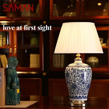 Настольные лампы SAMAN Modern Ceramics со светодиодной подсветкой из китайского сине-белого фарфора для дома, гостиной, спальни