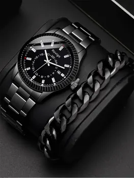 Модные деловые часы со стальным ремешком из 2 предметов, мужские кварцевые часы с браслетом-цепочкой