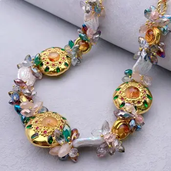 YYGEM Многоцветное ожерелье с драгоценными камнями 17x24 мм Белый жемчуг Кеши Цитрин Ожерелье-чокер из Муранского стекла на цепочке для вечеринки