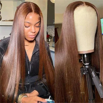 13x4 Шоколадно-коричневый Прямой парик с кружевом спереди 220% Hd Прозрачный Парик с кружевом спереди, предварительно выщипанные Цветные парики из человеческих волос для женщин