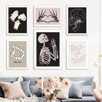 Розовая ведьма на Хэллоуин, готический призрак, скелет, плакат, настенная живопись маслом, картина в скандинавском стиле для гостиной, Настенная роспись для украшения дома