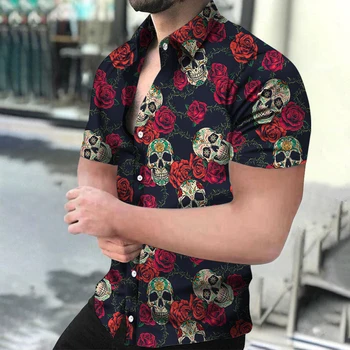 Летние мужские рубашки Гавайская рубашка с изображением черепа, 3D Печать, уличная одежда с короткими рукавами, мужская модная одежда, топы, уличная одежда