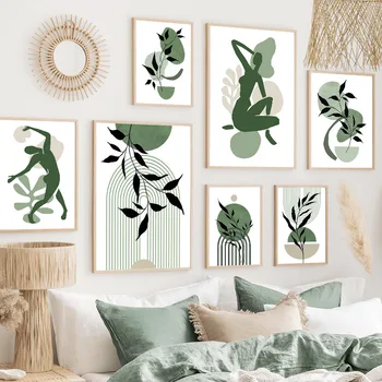 Скандинавские зеленые растения Геометрические линии Абстрактный Настенный Художественный плакат Современный минималистичный рисунок листьев Холст Картины Декор гостиной