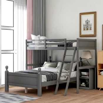 Двуспальная кровать-чердак с тумбой, серый