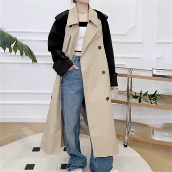 Тренч для женщин, осень 2023, Новая корейская мода, двубортный пояс, утягивающая куртка-ветровка, женское пальто в стиле пэчворк y2k