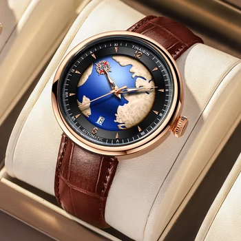 Лучшие продажи Высококачественных Механических мужских часов Bule Dial The earth Design Водонепроницаемые relogios masculino