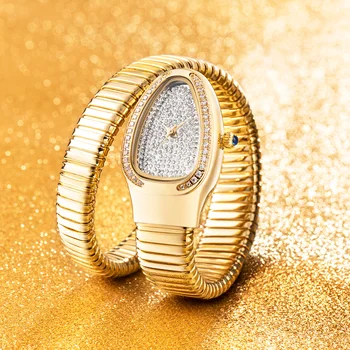 2023 Новые роскошные женские часы-браслет в форме змеи, наручные часы для женщин, стальные Уникальные Золотые кварцевые женские часы, часы Relogio