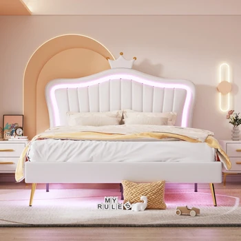 Каркас кровати с мягкой обивкой размера Queen Size со светодиодной подсветкой, современная мягкая кровать Princess с изголовьем в виде короны, белый