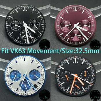 Циферблат хронографа Vk63 32,5 мм, зеленые светящиеся часы и стрелка, подходящие для часовых аксессуаров с механизмом Vk63.